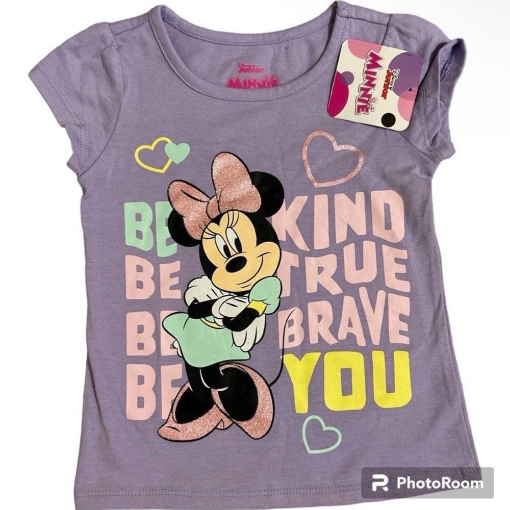 Disney Junior Minnie Mouse Girls Toddler Shirt Purple Glitter Be Kind Brave 3T